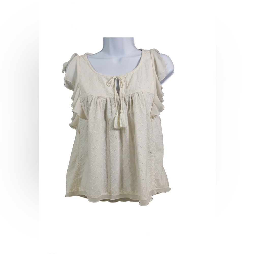 Hollister Y2K Top M Women's Eyelet Split Cap Sleeve Ruffle Ivory Key Hole Tassel